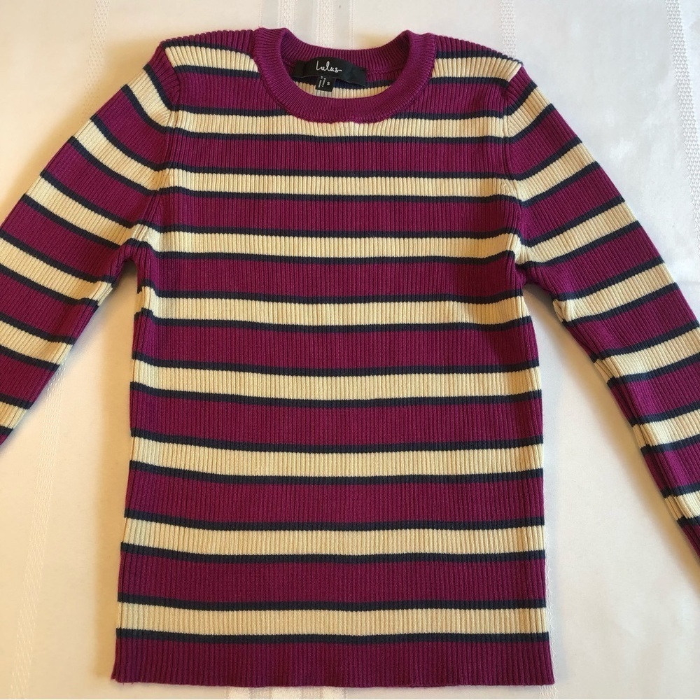 Lulus Purple, Blue & Cream Striped Crew Neck Sweater Size S